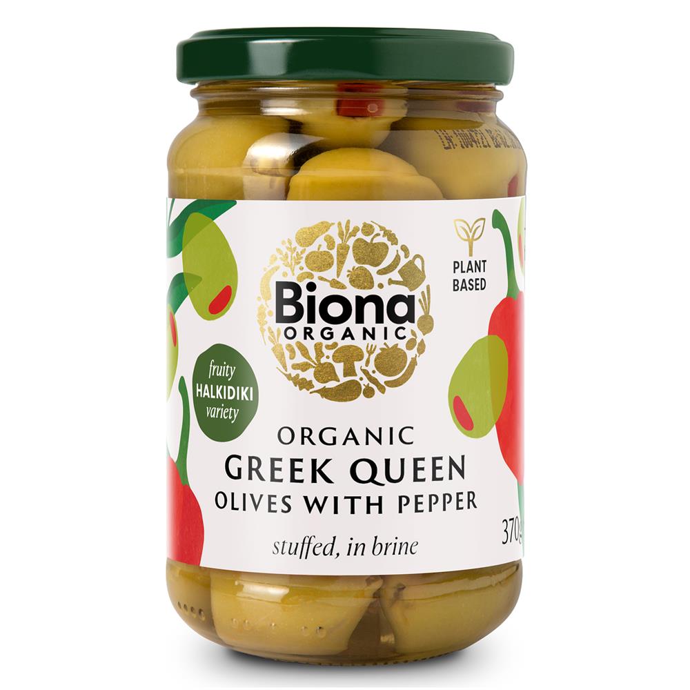 Biona Organic Greek Queen Olives with Red Pepper 370g