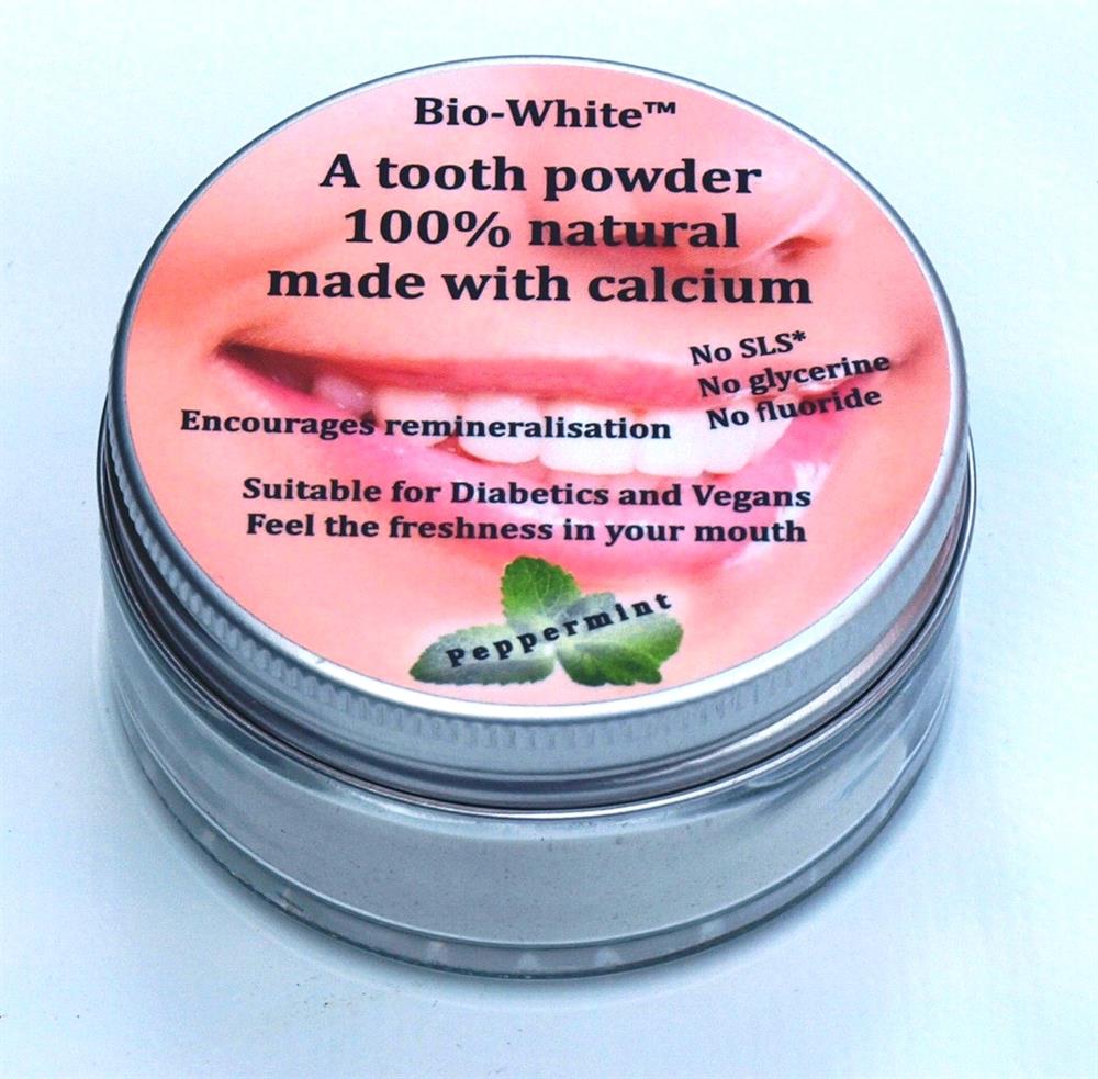 Bio-White_Organic Tooth Powder Peppermint in a glass jar- (plastic free).