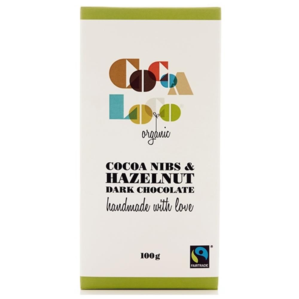 Organic F/T Cacao Nibs & Hazelnut Dark Chocolate Bar 100g