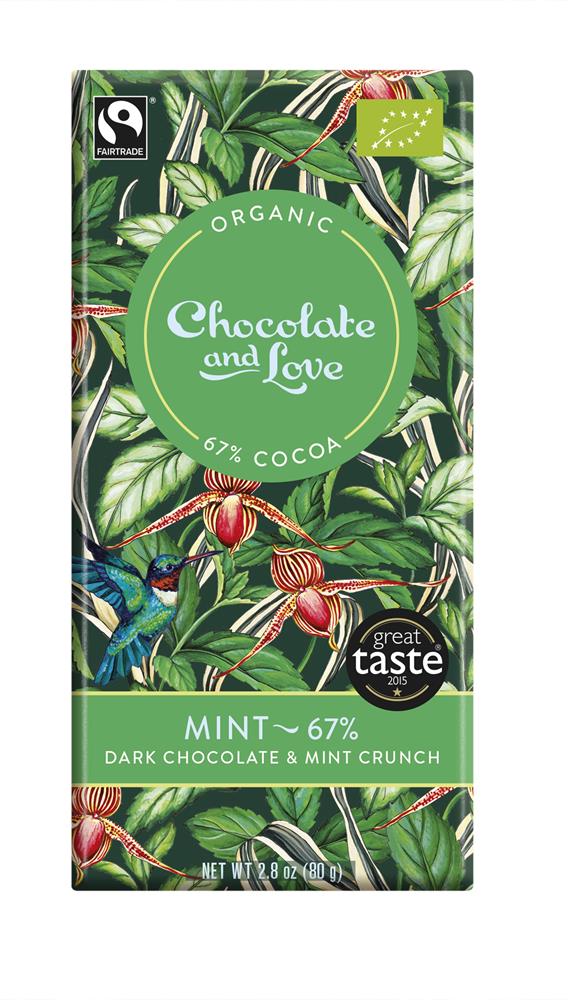 Chocolate and Love_Organic/Fairtrade dark chocolate with peppermint crunch 67%-pack of 14