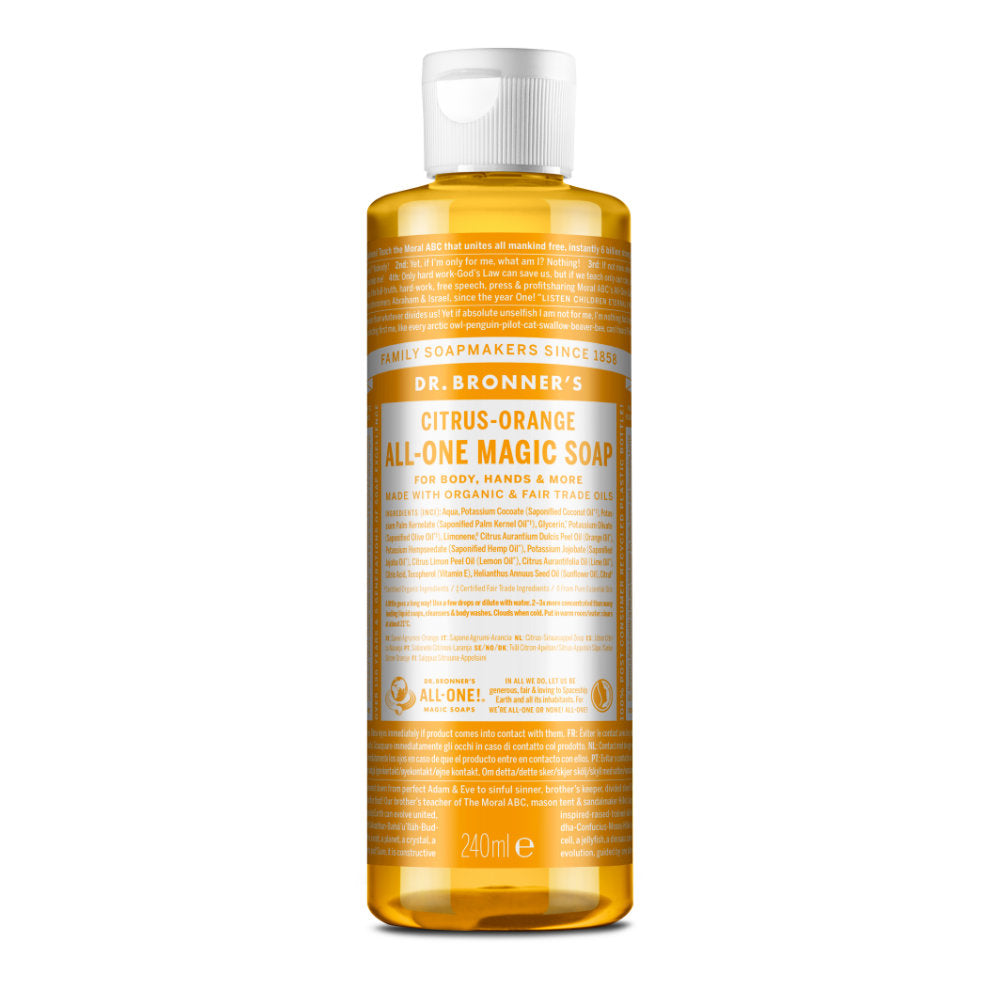 Dr Bronner_Org All One Magic Citrus Liquid Soap 240ml. Orange scented