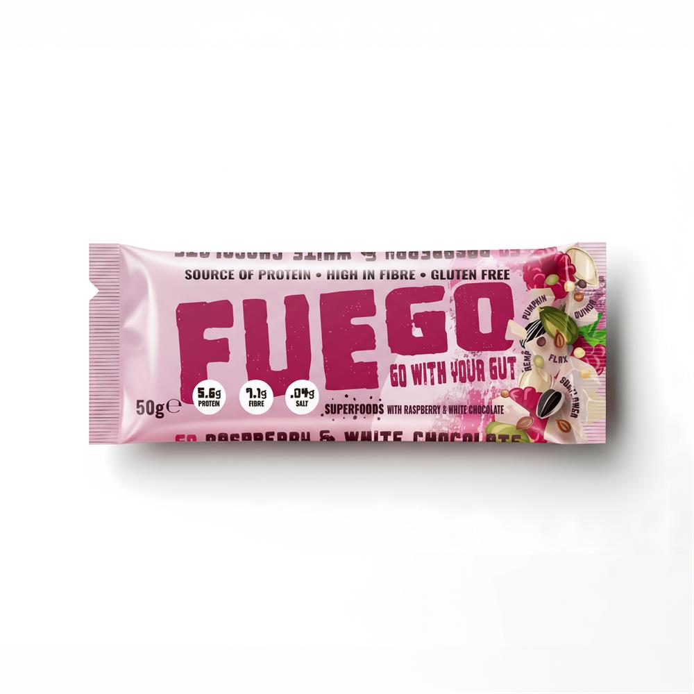 Fuego Go With Your Gut_FUEGO Raspberry & White Choc Superfood Fibre Bar 50g-pack of 16