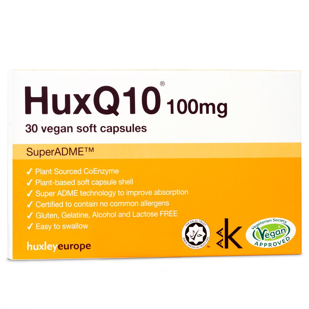 Huxley Europe_HuxQ10 100mg Co Enzyme Q10 Vegan Halal Kosher 30 soft capsules