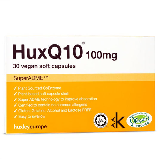 Huxley Europe_HuxQ10 100mg Co Enzyme Q10 Vegan Halal Kosher 30 soft capsules