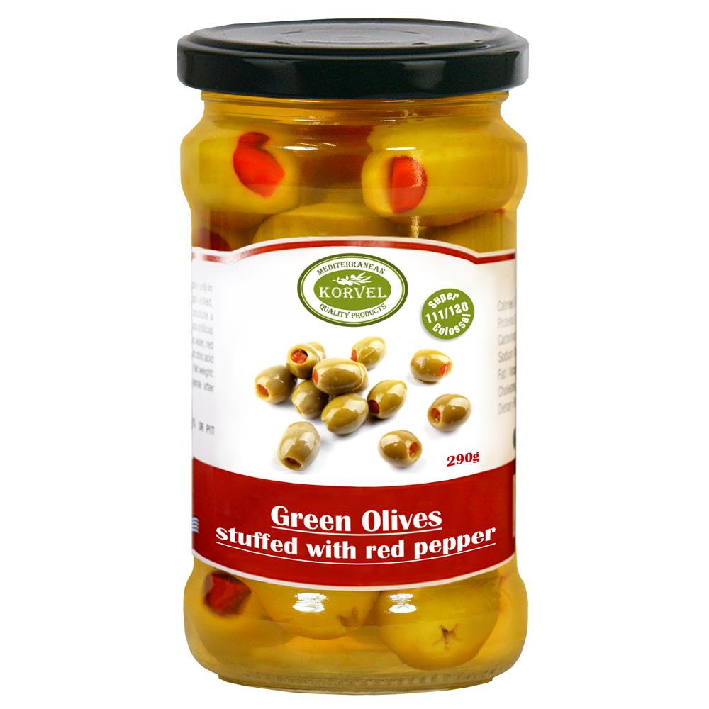Korvel_Greek Green Olives with Sweet Red Pepper Super Colossal 29-pack of 2