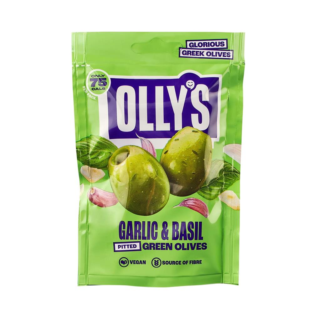 Ollys_The Connoisseur Garlic & Basil Green Olives 50g-Pack of 12