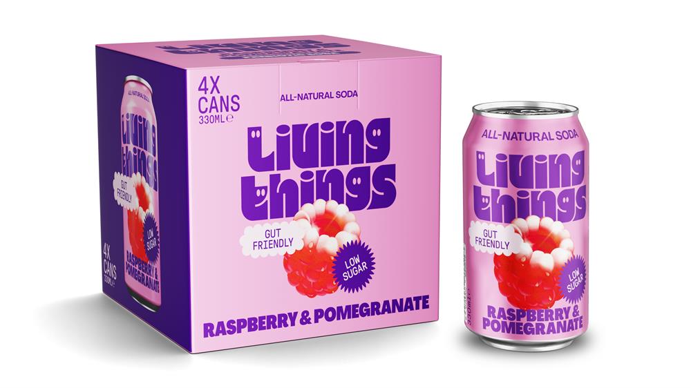 Living Things_Raspberry & Pomegranate Pre + Probiotic Soda 4 x 300ml pack.