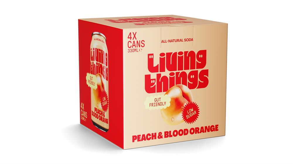 Living Things_Peach & Blood Orange Pre + Probiotic Soda. 4 x 300ml pack.