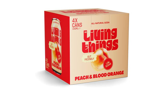 Living Things_Peach & Blood Orange Pre + Probiotic Soda. 4 x 300ml pack.