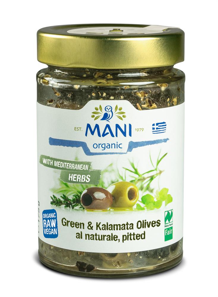 Mani_Organic Olives al Naturale Pitted with Mediterranean Herbs 175g-pack of 2