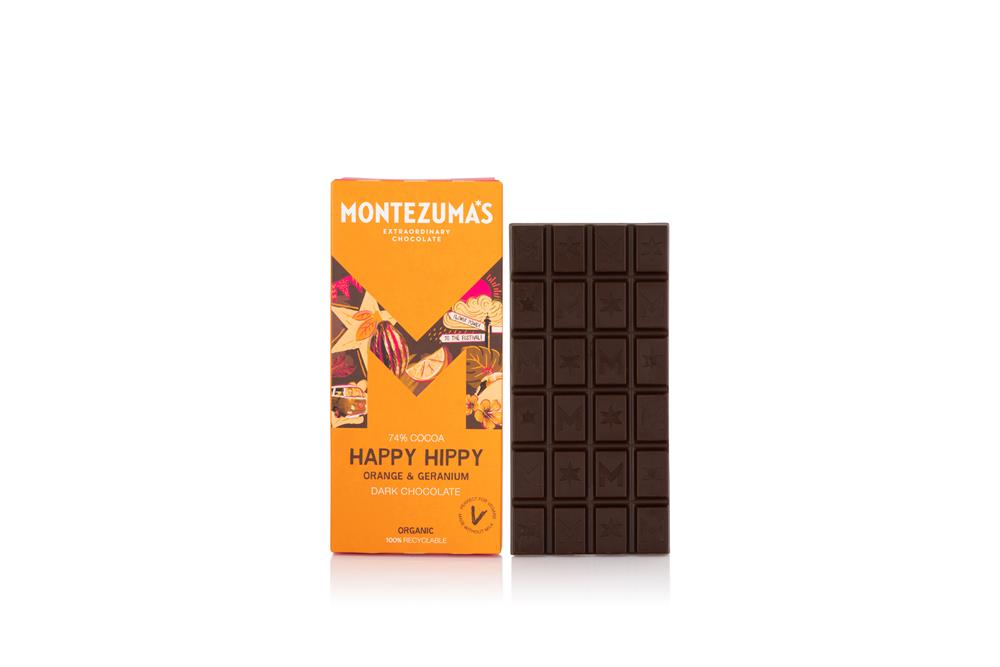 Montezumas Chocolate_Happy Hippy 74% Dark Organic with Orange & Geranium 90g-pack of 4