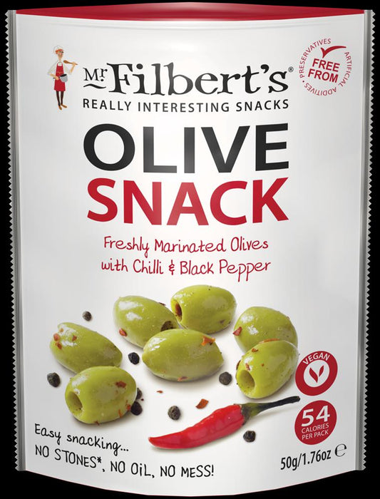 Mr Filberts_Green Chilli and Black Pepper Olives 50g-pack of 12