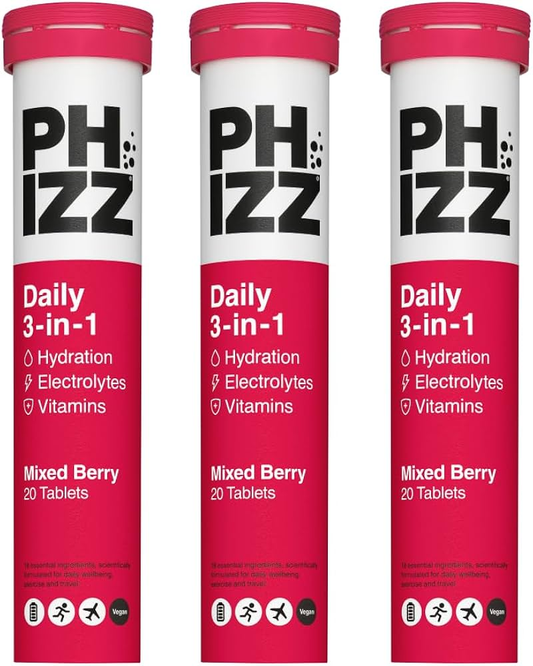 Phizz Mixed Berry 3-in-1 Hydration, Electrolytes and Vitamins Effervescent Tabs - 60 Tabs 3x20 Tabs Mixed Berry