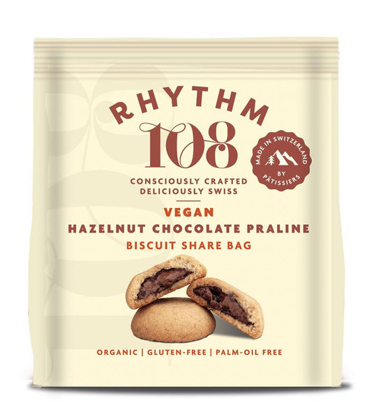 Rhythm 108_Swiss Vegan Hazelnut Chocolate Praline Biscuit Share Bag 135g