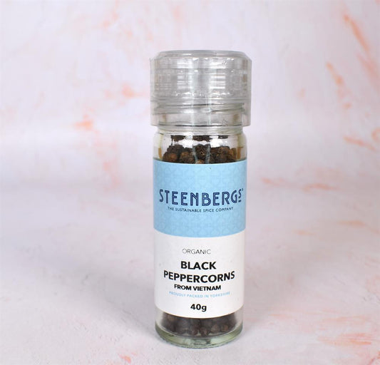Steenbergs_Organic Black Peppercorns in Grinder Jar