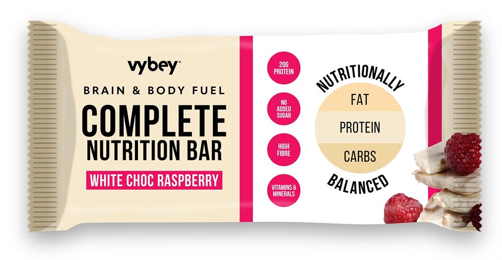 Vybey_Complete Nutrition Bar White Chocolate Raspberry. 80g bar-pack of 12
