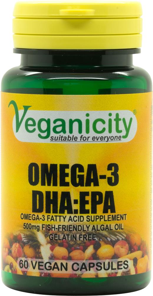 Veganicity_Omega-3 DHA:EPA 500mg 60 Vcaps Fish friendly Algal Omega-3