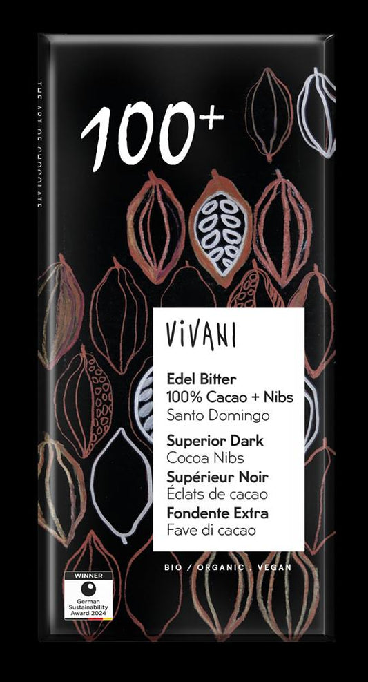 Vivani_Dark 100+ Chocolate with Cocoa Nibs Vegan Organic 80g